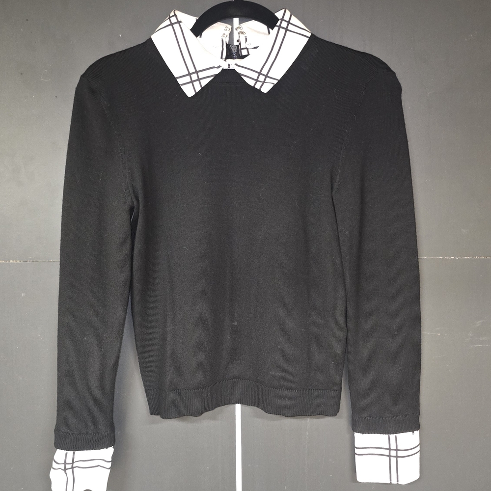 Black Sweater with White Plaid Collar and Cuffs